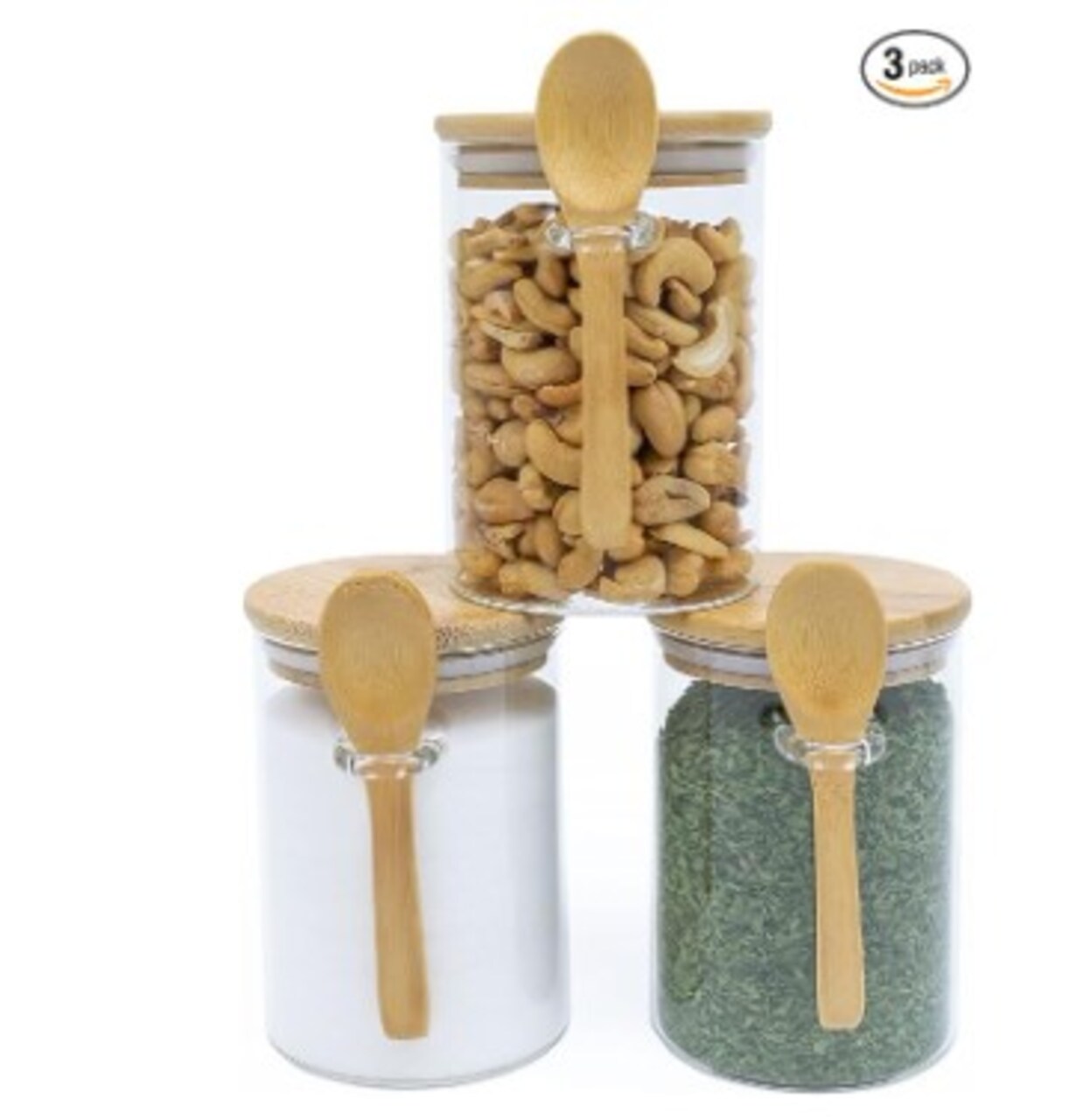 Overnight Oats Containers with Lids, 17-Oz Glass Canisters Hold Coffee Beans, Tea, Flour, Sugar, Nuts, Candy, Bath Salts & More, Set of 3 Airtight Glass Jars with Bamboo Lids & Bamboo Spoons